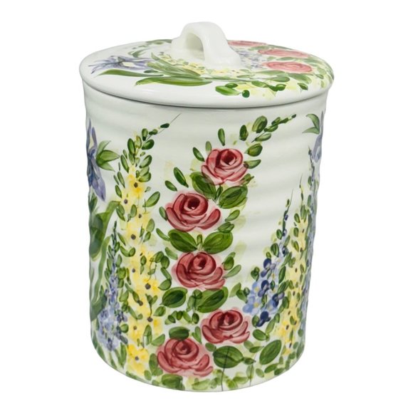 Heavenly Garden Ceramic Kitchen Cookie Jar w/Lid Floral Pattern Multicolor 7”